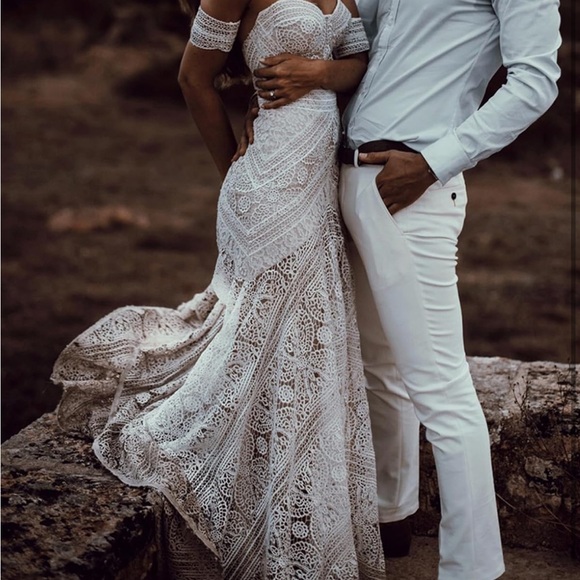 LIPOSA Bohemian Wedding Dress Sweetheart Mermaid Lace Bridal Gown - Picture 7 of 17